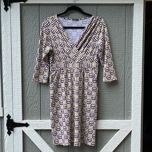 J. Mc Laughlin Faux Wrap Dress V-Neck Preppy Equestrian Belt Buckle Print Size S